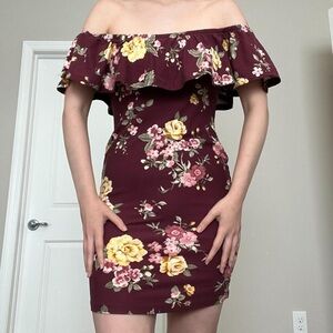 Maroon Floral off The Shoulder Mini